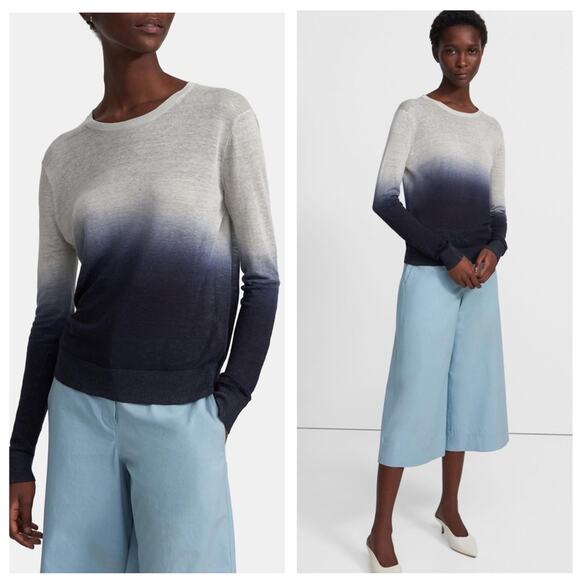 Theory Navy Linen Sweater Small Ombre Crew Neck Sag Harbor Lightweight Knit - Picture 1 of 15